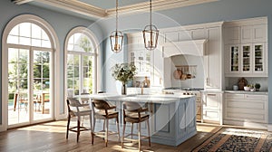 3d rendering of kitchen with white cabinets, light blue walls and arched windows