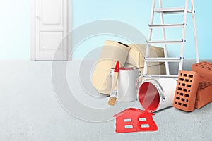 3d rendering of ladder, paper bundles, bricks and buckets of red paint, one bucket lying sidelong with red paint spilt