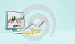 3D Rendering of laptop screen and candlestick stock market trading graph on screen with arrow pointing up and coins