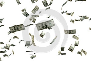 3D rendering large amount of money 100 USD bank note flying float in the air with white background