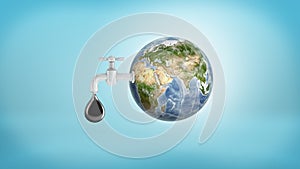 3d rendering of a large Earth globe with a faucet in its side leaking a large oil drop on a blue background.