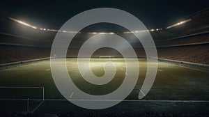 3D rendering of a large empty football stadium with bright floodlights night view generative ai