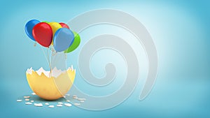 3d rendering of a large golden eggshell cracked to reveal a bundle of colorful balloons on a ribbon.