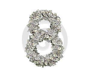 3d rendering of a large number 8 made of many USD hundred bills on a white background.