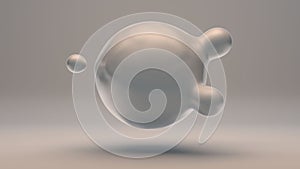 3D rendering of a large pearl. A liquid sphere merges with small ones on a white background. Image for abstract compositions,