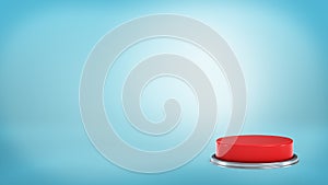 3d rendering of a large round red push button standing on a blue background in an off position.