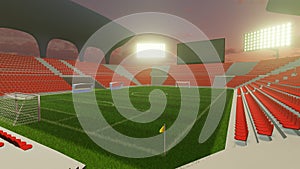 3D Rendering of large soccer stadium during twilight with pack of crowd and green smooth grass field. Lockdown sport, coronavirus