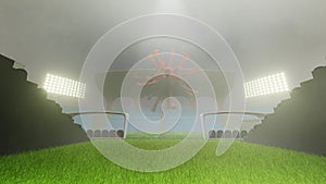 3D Rendering of large soccer stadium during twilight with pack of crowd and green smooth grass field. Lockdown sport, coronavirus