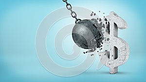 3d rendering of a large wrecking ball hitting a concrete USD sign and unable to break it on blue background.