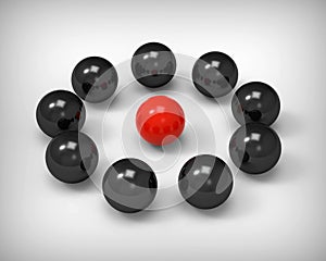 3d rendering of leadership and team work concept. Red ball is the leader of black balls on white background. Stand out from the