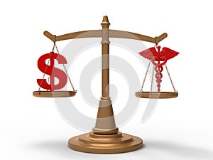 3D rendering - legal weight scale between medical costs and dollars
