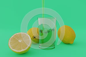 3d rendering of lemonade filling into glass next to the lemons at cyan background