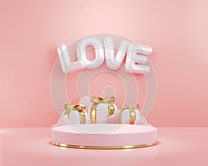 3d rendering. Letter L O V E pink heart gift box and podium stand to show product display on pink color background. Abstract