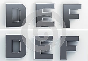 3d rendering of the letters D, E, F in blushed metal of a white isolated background. 3D render.