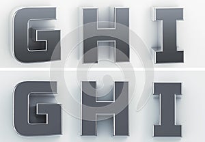 3d rendering of the letters G, H, I in blushed metal of a white isolated background. 3D render.