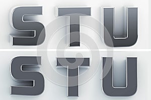 3d rendering of the letters S, T, U in blushed metal of a white isolated background. 3D render.