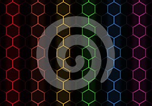 3d rendering. Lgbt rainbow color flag light on hexagon pattern mesh wall background.
