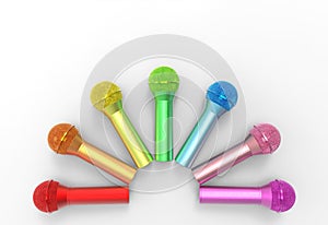 3d rendering. Lgbtq+ rainbow color microphone row on gray background.