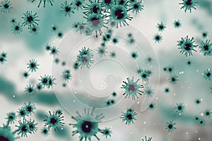 3D rendering, light green coronavirus cells covid-19 influenza flowing on abstract green background with white cells as dangerous