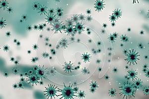 3D rendering, light green coronavirus cells covid-19 influenza flowing on abstract green background with white cells as dangerous