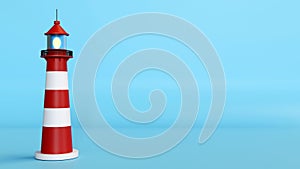 3D rendering of the lighthouse on color background, nautical navigation light tower, beacon and light symbol, marine seaside