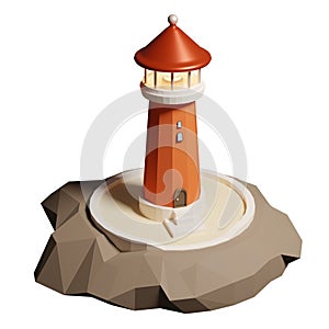 3D rendering of lighthouse on rock with burning searchlight to indicate landmark for ships. Navigation difficult area. Realistic