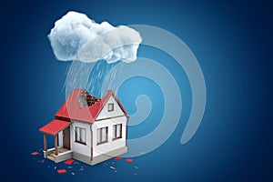 3d rendering of little detached house with big hole in roof, standing under rainy cloud, on blue background with copy