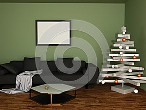 3d rendering of living room with black sofa, green olive walls and christmas decoration