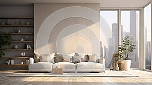 3D rendering of a living room with a couch and a city view from window.