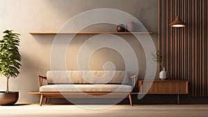 3D rendering of a living room with a couch, wall shelves, and a potted plant.