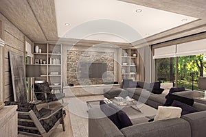 3D rendering of living room of a country house