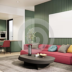 3d rendering living room interior design and decoration with color fabric sofa, green wall, dining and kitchen room in studio