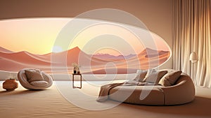 3D rendering of a living room with a large window overlooking a desert landscape.