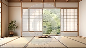 3D rendering of a living room with sliding doors and a Japanese tea table.