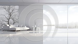 3D rendering of a living room with a snow covered tree view from a large window view.