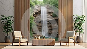 A 3D rendering of a living room with a waterfall forest background.