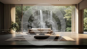 A 3D rendering of a living room with a waterfall forest background.
