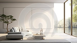 3D rendering of a living room with a white upholstery sofa.