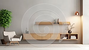 3D rendering of a living room with a wooden shelf and upholstery armchair.