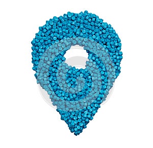 3d rendering of a location icon made with blue plastic polymer pieces isolated on white background