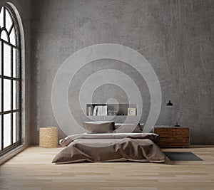 3D rendering Loft style bedroom with raw concrete ,wooden floor,big window