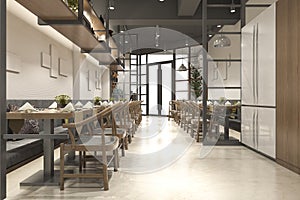 3d rendering loft wood luxury hotel reception and cafe lounge restaurant