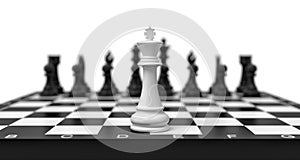 3d rendering of a lone white chess king stands on a chess board with black figures looming in the blurred background.
