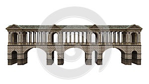3D rendering of a long covered stone bridge with roof and columns isolated on white background