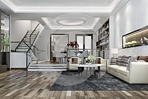 3d rendering luxury classic wood living room near stair and chandelier decor with high ceiling