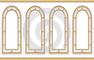 3d rendering. luxury glod classical pattern frame design on white wood vintage wall background.