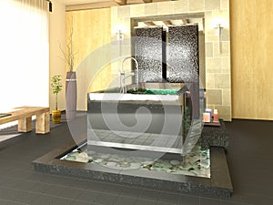 3d rendering of luxury hotel bathroom interior with stones