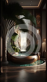 3d rendering of luxury hotel interior with swimming pool and tropical plants