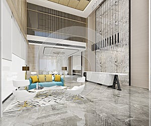 3d rendering luxury hotel reception hall with colorful sofa and chandelier