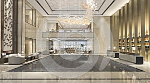 3d rendering luxury hotel reception hall and lounge restaurant